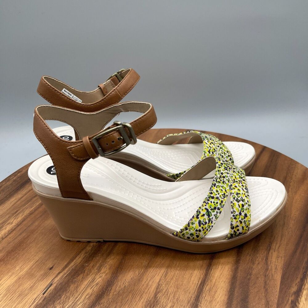 Crocs Leigh II Womens Size 10 Ankle Strap Yellow Graphic Wedge Pump Comfort